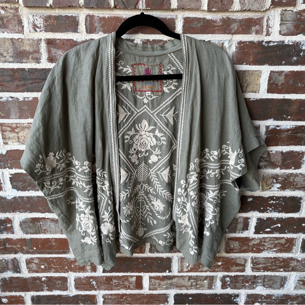 Johnny Was LA Tasya Bolero Olive Embroidered Linen Cropped Cardigan Size M - Picture 12 of 16